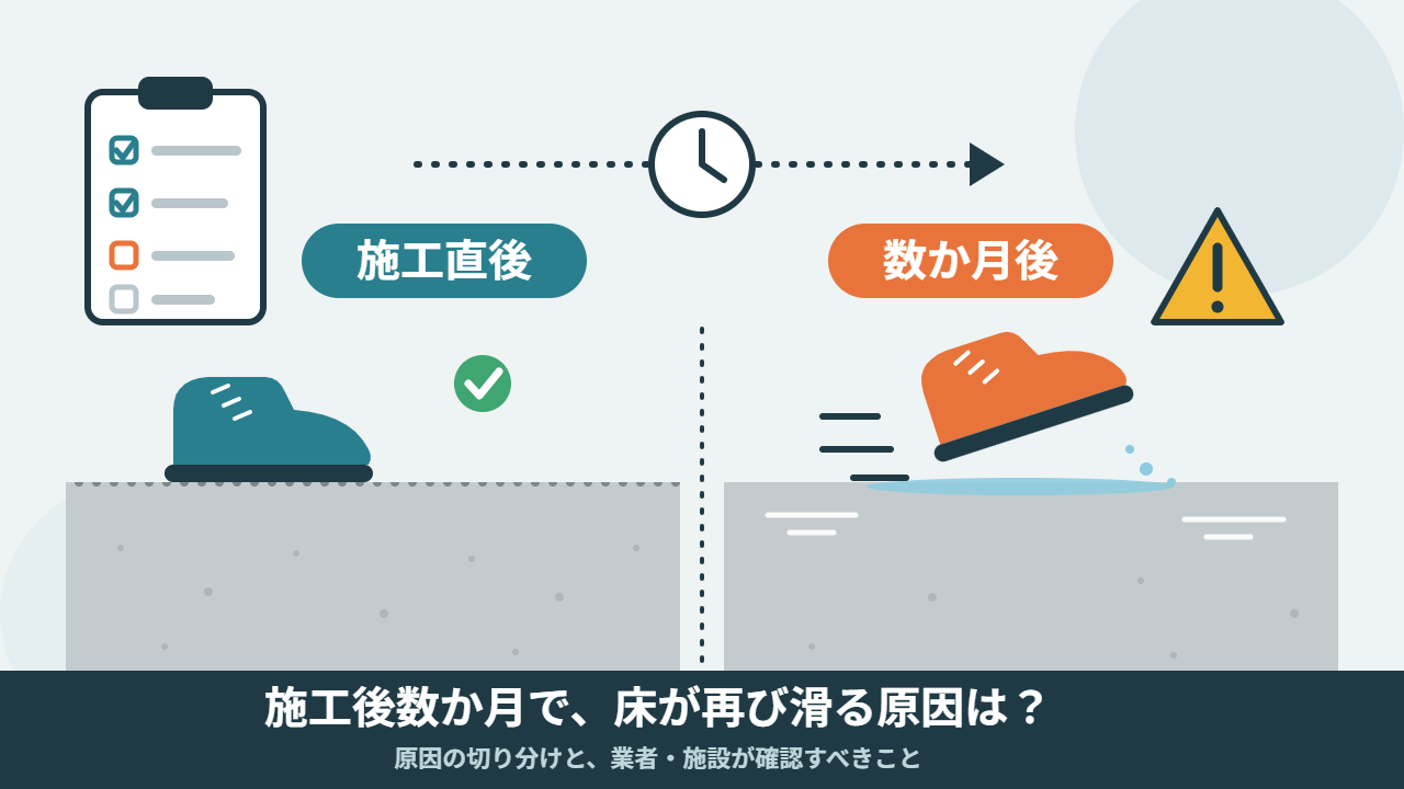 施工直後は滑らなかった床が、数か月後に再び滑る様子のイメージ